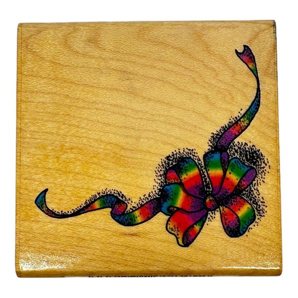 Comotion Corner Ribbon Bow Wood Mounted Rubber Stamp #1825 Rainbow - Picture 1 of 4
